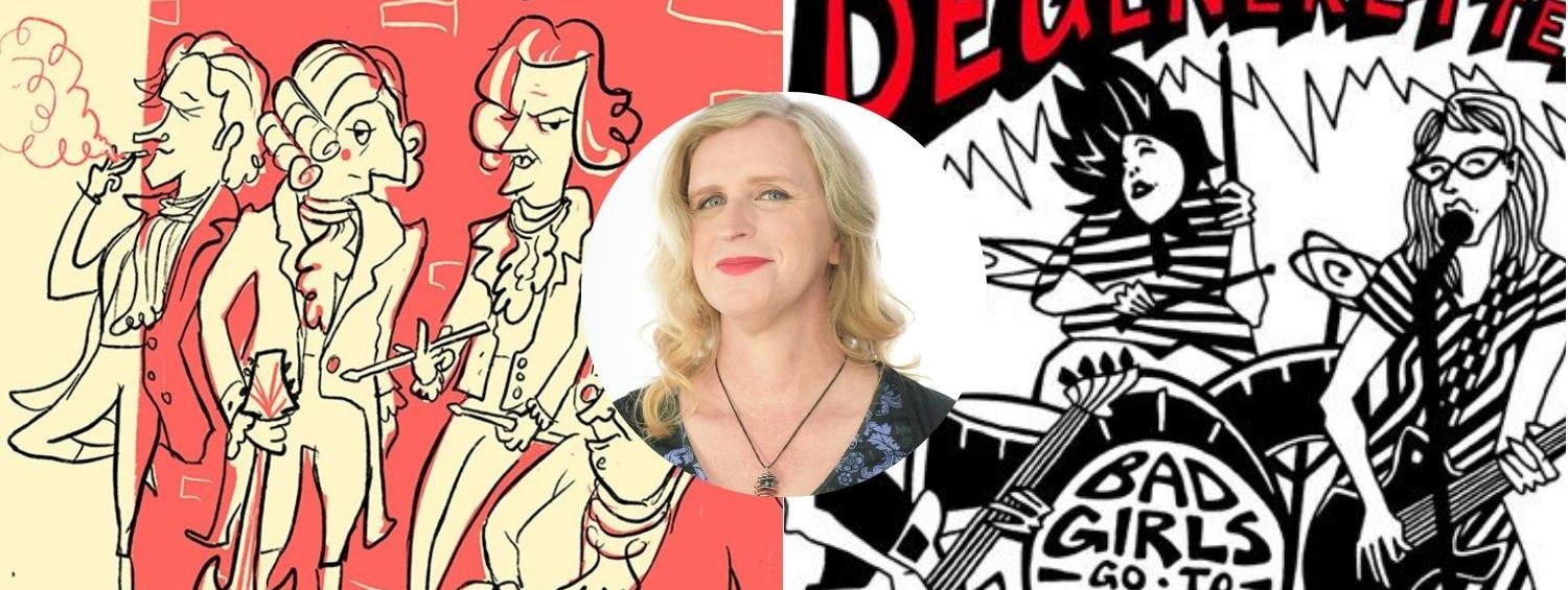 Headshot of Rahne Alexander over two band posters, Santa Librada and The Degenerettes